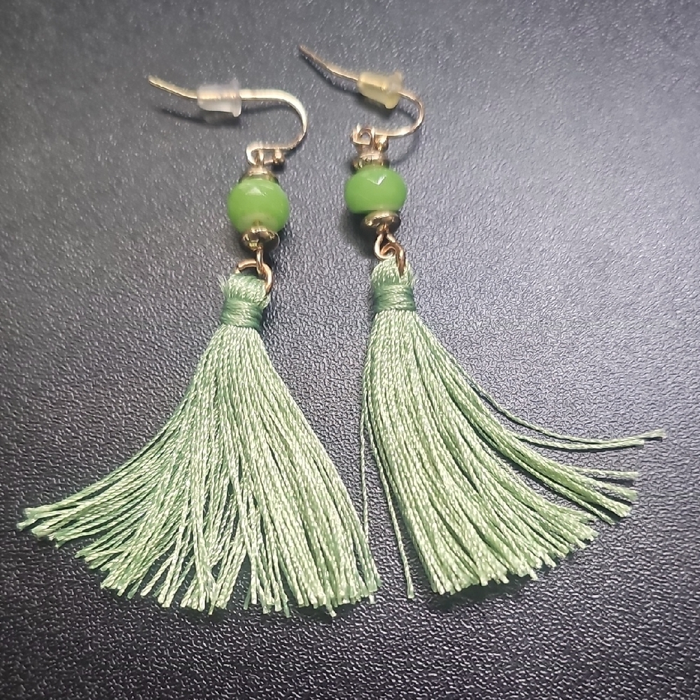 Green Tassel Drop Earrings - Unbranded